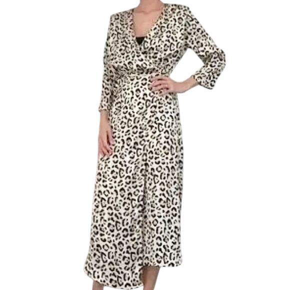 Zara Cream/Black Satin Animal Print V-neck Wrap Dress size Medium - Picture 2 of 6